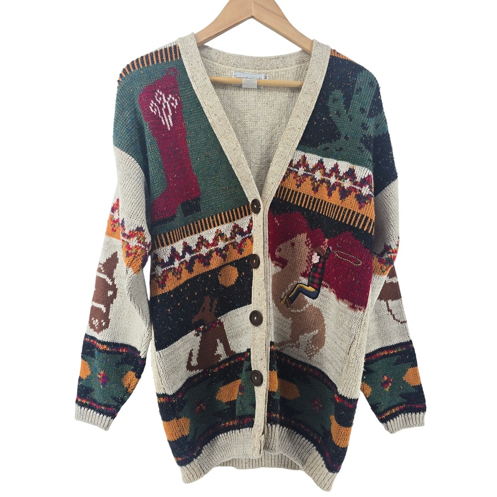 Sweater Loft Cardigan Womens M Beige Western Cowboy Rodeo V-Neck Knit USA Made